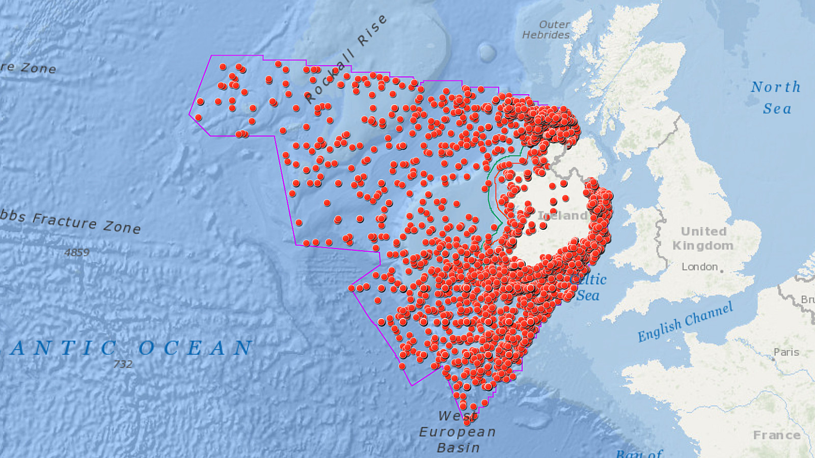A map displays the North East Atlantic Ocean region and surrounding areas, including parts of Western Europe. Numerous red dots mark specific locations within a highlighted boundary. The map shows landmasses and various maritime boundaries.