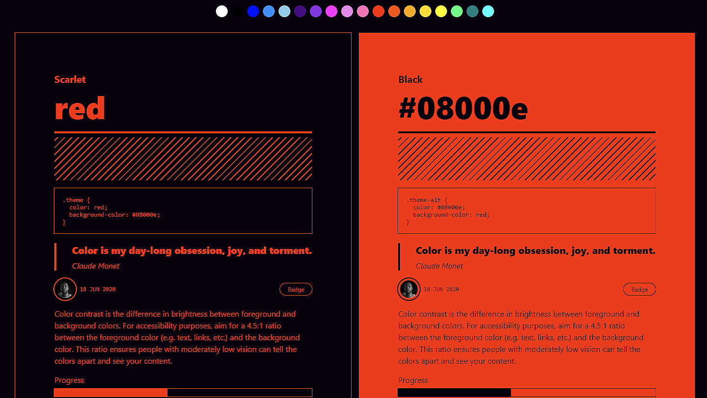 A split-screen image showing two color combinations. On the left, a red background with black text. On the right, a black background with red text. Both sides compare the same sample color text and provide contrast ratio details, accessibility scores, and the quote "Color is my day-long obsession, joy, and torment.
