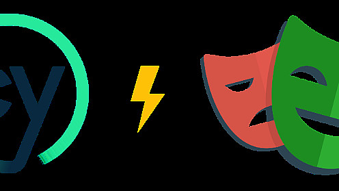The image features the logo of Cypress, a dark blue 'cy' inside a circular gradient green border, followed by a yellow lightning bolt and two theater masks, one red and frowning, the other green and smiling.