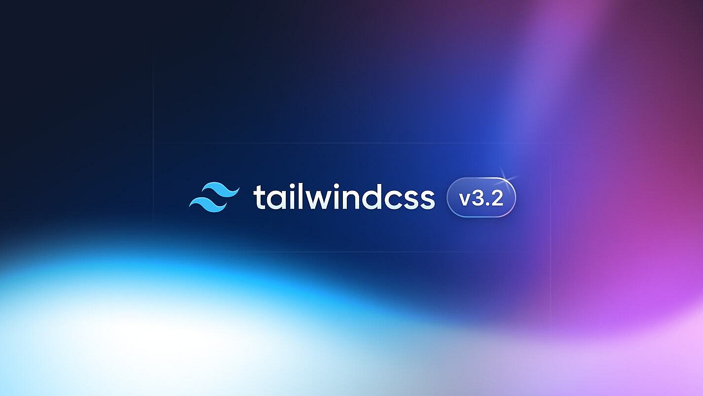 The image showcases the logo for Tailwind CSS with the version number v3.2. The background features a gradient of blue, purple, and white colors, giving a sense of depth and illumination.