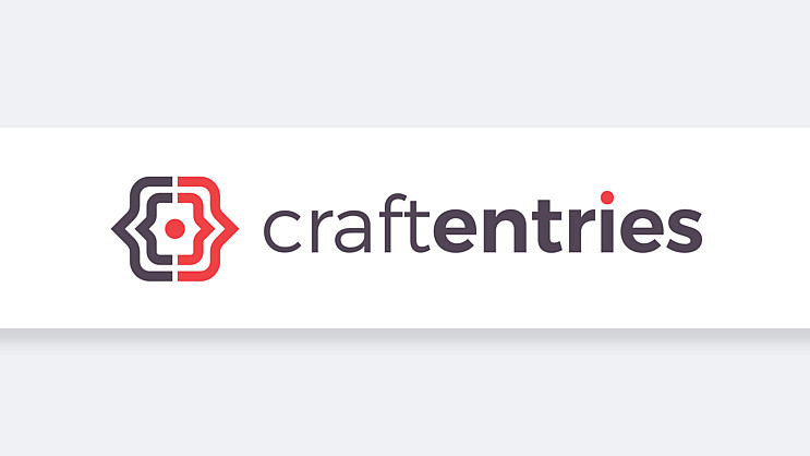 A logo featuring a geometric design in red and gray on the left, resembling a stylized flower or badge. The text "craftentries" is written on the right side in lowercase letters, with "craft" in gray and "entries" in black. The dot on the letter "i" is red.