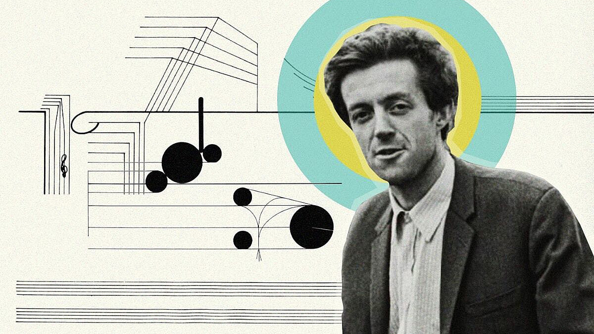 A grayscale image of a man in a suit with a colored silhouette of teal, yellow, and green circles behind his head. Abstract lines and musical notes are drawn in the background. The man looks forward with a neutral expression.