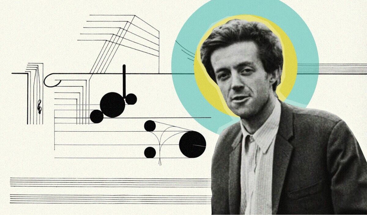 A grayscale image of a man in a suit with a colored silhouette of teal, yellow, and green circles behind his head. Abstract lines and musical notes are drawn in the background. The man looks forward with a neutral expression.