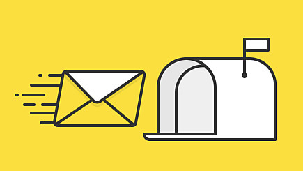 A minimalist illustration shows a yellow background. A white envelope with motion lines on the left is moving towards a white mailbox on the right. The mailbox has its flag raised, indicating outgoing or incoming mail.