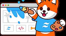 A cartoon dog wearing a blue shirt holds a paintbrush and palette, standing in front of a computer screen. The screen shows icons for design and coding. The dog is depicted painting blue strokes on the screen, appearing cheerful and creative.