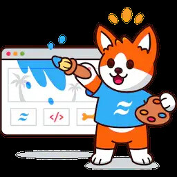 A cartoon dog wearing a blue shirt holds a paintbrush and palette, standing in front of a computer screen. The screen shows icons for design and coding. The dog is depicted painting blue strokes on the screen, appearing cheerful and creative.