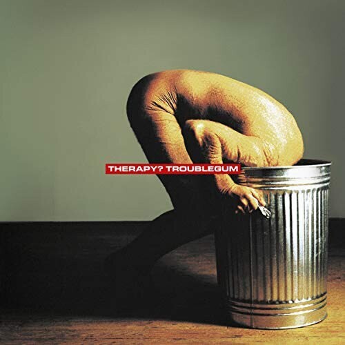 Album cover for "Troublegum" by Therapy?. It depicts a person with a shaved head and bare torso, crouching and bent forward with their head inside a large metal trash can, set against a plain background. The band and album name are in red text at the center.