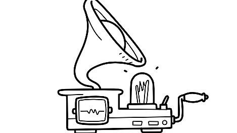 A black and white line drawing of a vintage gramophone with a large horn speaker, a cylindrical component, and a hand crank on the right side. There is a small screen with a waveform on the left side of the base.