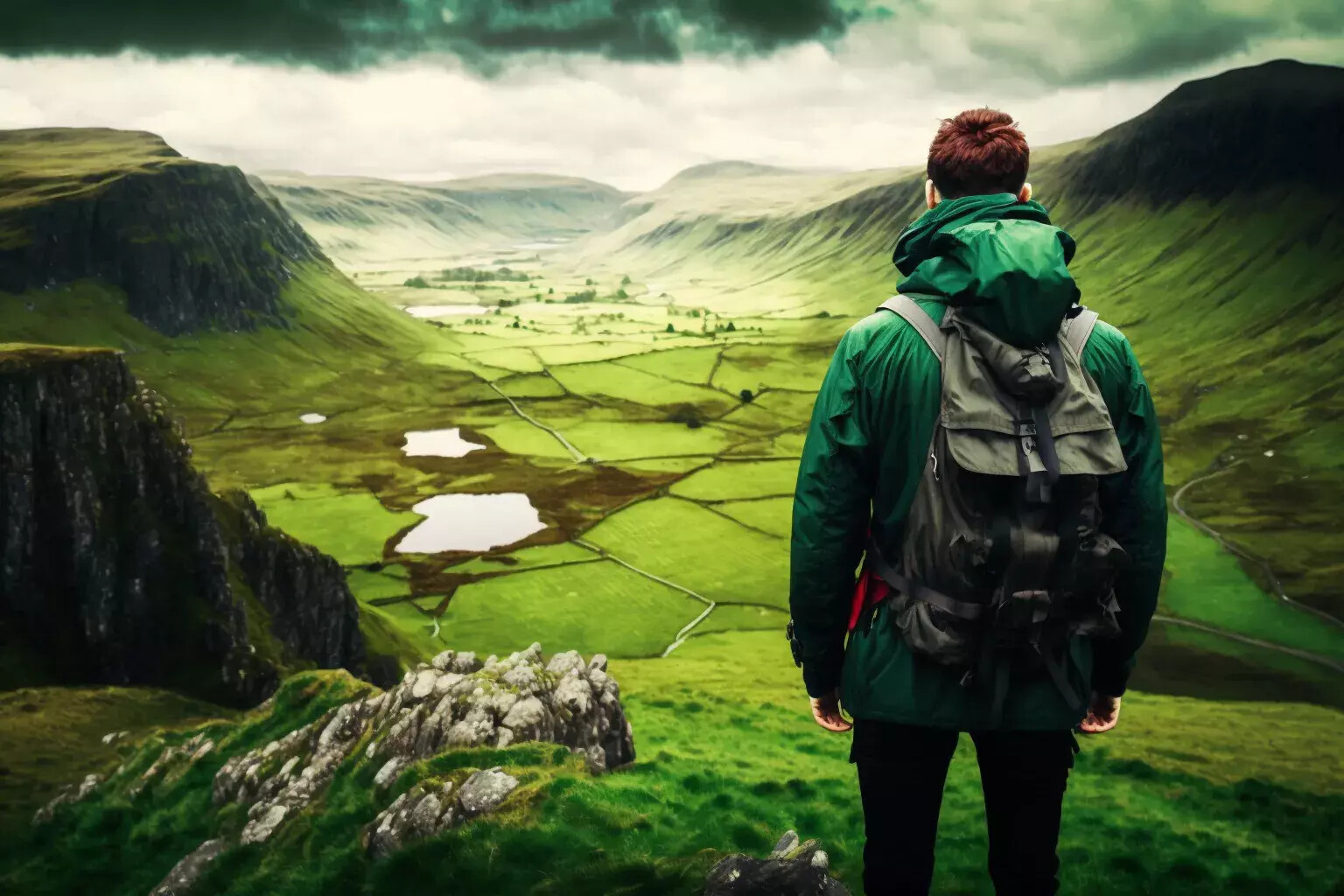 A person in a green jacket and backpack stands on a hill, overlooking a lush, green valley with winding rivers and scattered lakes under a cloudy sky.