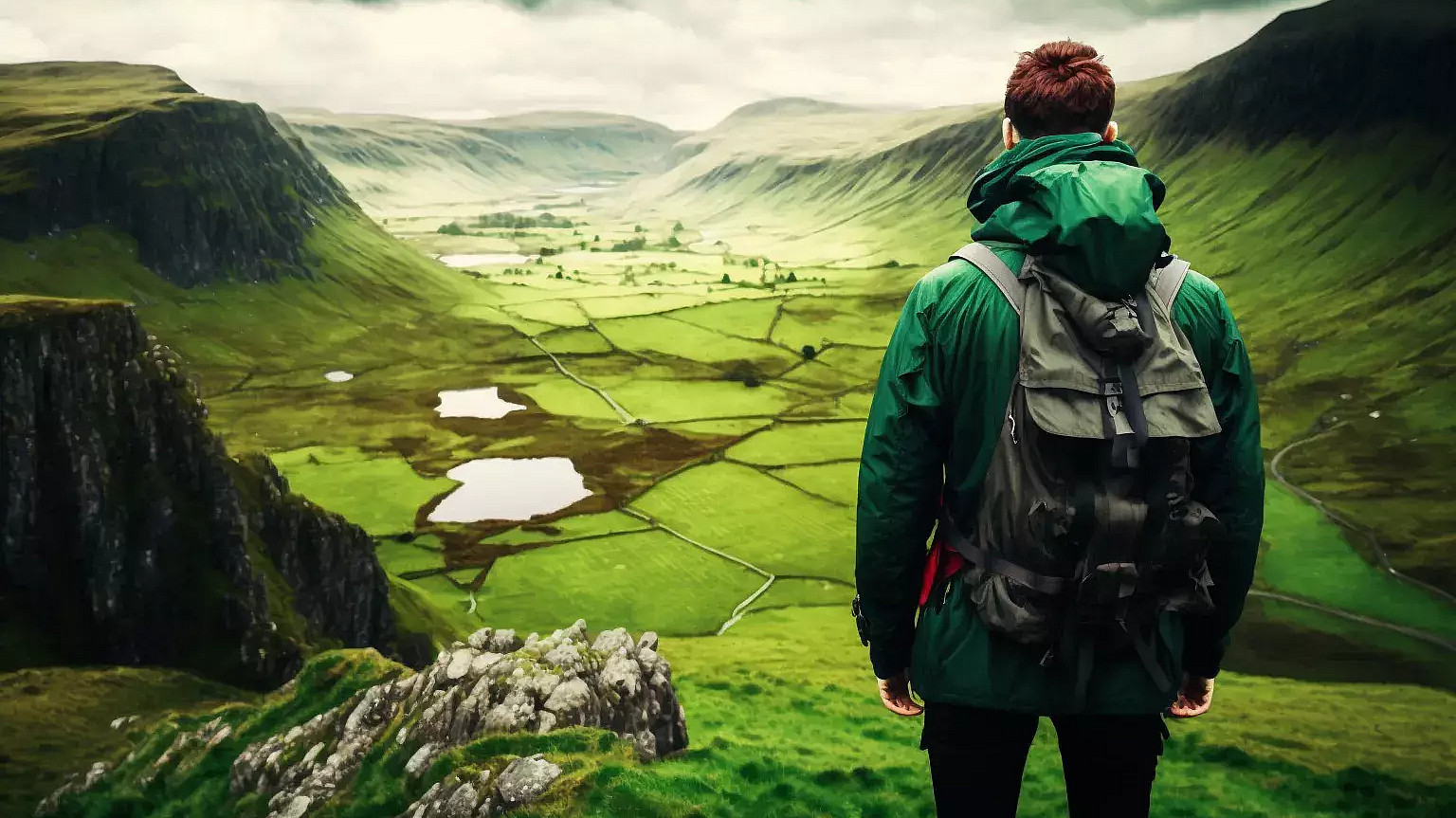 A person in a green jacket and backpack stands on a hill, overlooking a lush, green valley with winding rivers and scattered lakes under a cloudy sky.