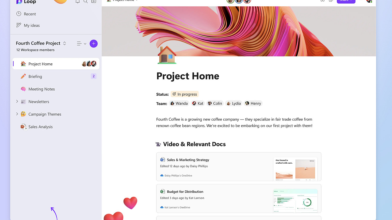 Screenshot of a project management interface with a sidebar listing items including briefing, meeting notes, and newsletters. The main section shows a "Project Home" tab with a progress status, team member avatars, and links to documents for sales and marketing strategy.