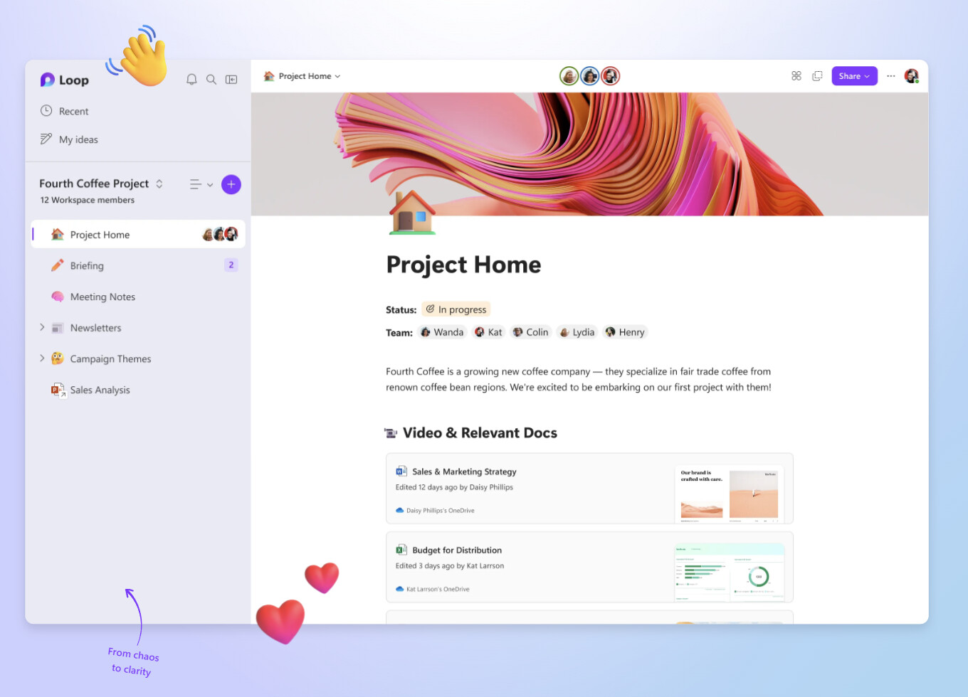 Screenshot of a project management interface with a sidebar listing items including briefing, meeting notes, and newsletters. The main section shows a "Project Home" tab with a progress status, team member avatars, and links to documents for sales and marketing strategy.