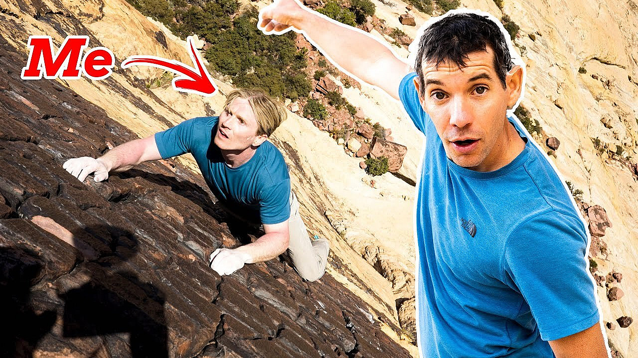 An image shows two men rock climbing on a steep cliff. The man on the left is climbing, looking upwards, with a label "Me" and an arrow pointing to him. The man on the right is pointing towards him and looking at the camera, both wear casual climbing attire.