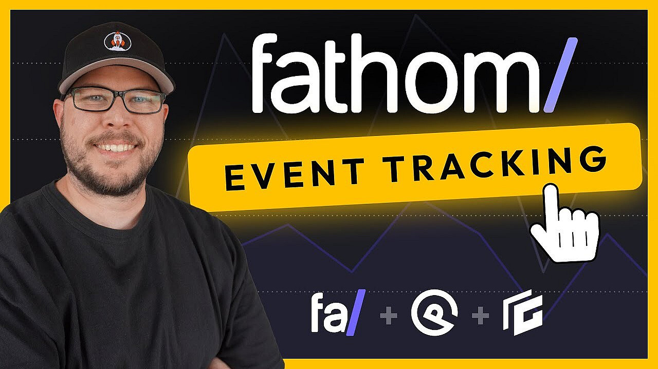 A man wearing glasses and a cap stands smiling on the left side of the image. The text "fathom" appears at the top center, with "EVENT TRACKING" on a yellow banner below it. Logos for fa, @, and F are at the bottom center against a graph-like background.
