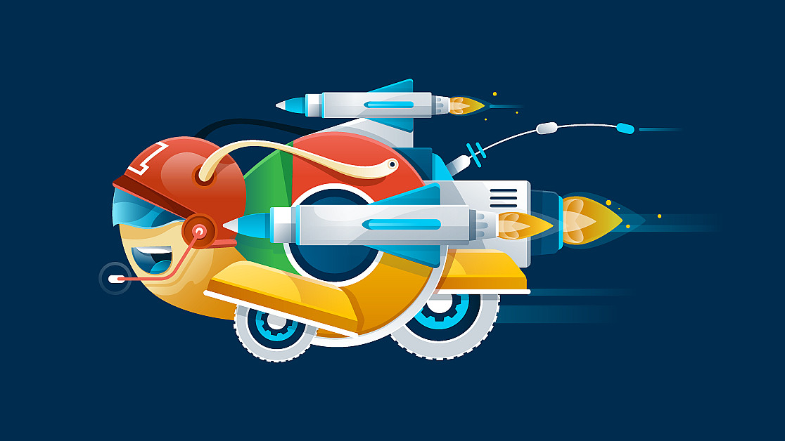Illustration of a cartoonish vehicle resembling the Google Chrome logo, equipped with jet engines, rockets, and driven by a smiling character wearing a helmet and headset. The background is a solid dark blue color.