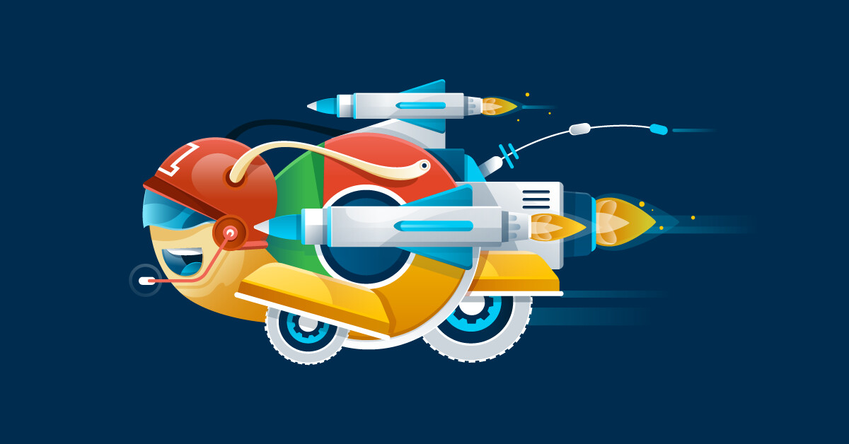 Illustration of a cartoonish vehicle resembling the Google Chrome logo, equipped with jet engines, rockets, and driven by a smiling character wearing a helmet and headset. The background is a solid dark blue color.