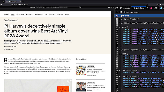 A computer screen displays an article about PJ Harvey's album cover winning the Best Art Vinyl 2023 Award. The browser's developer tools are open on the right side, showing HTML and CSS code. The article includes text and a small image of the album cover.