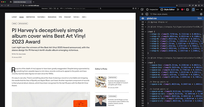 A computer screen displays an article about PJ Harvey's album cover winning the Best Art Vinyl 2023 Award. The browser's developer tools are open on the right side, showing HTML and CSS code. The article includes text and a small image of the album cover.
