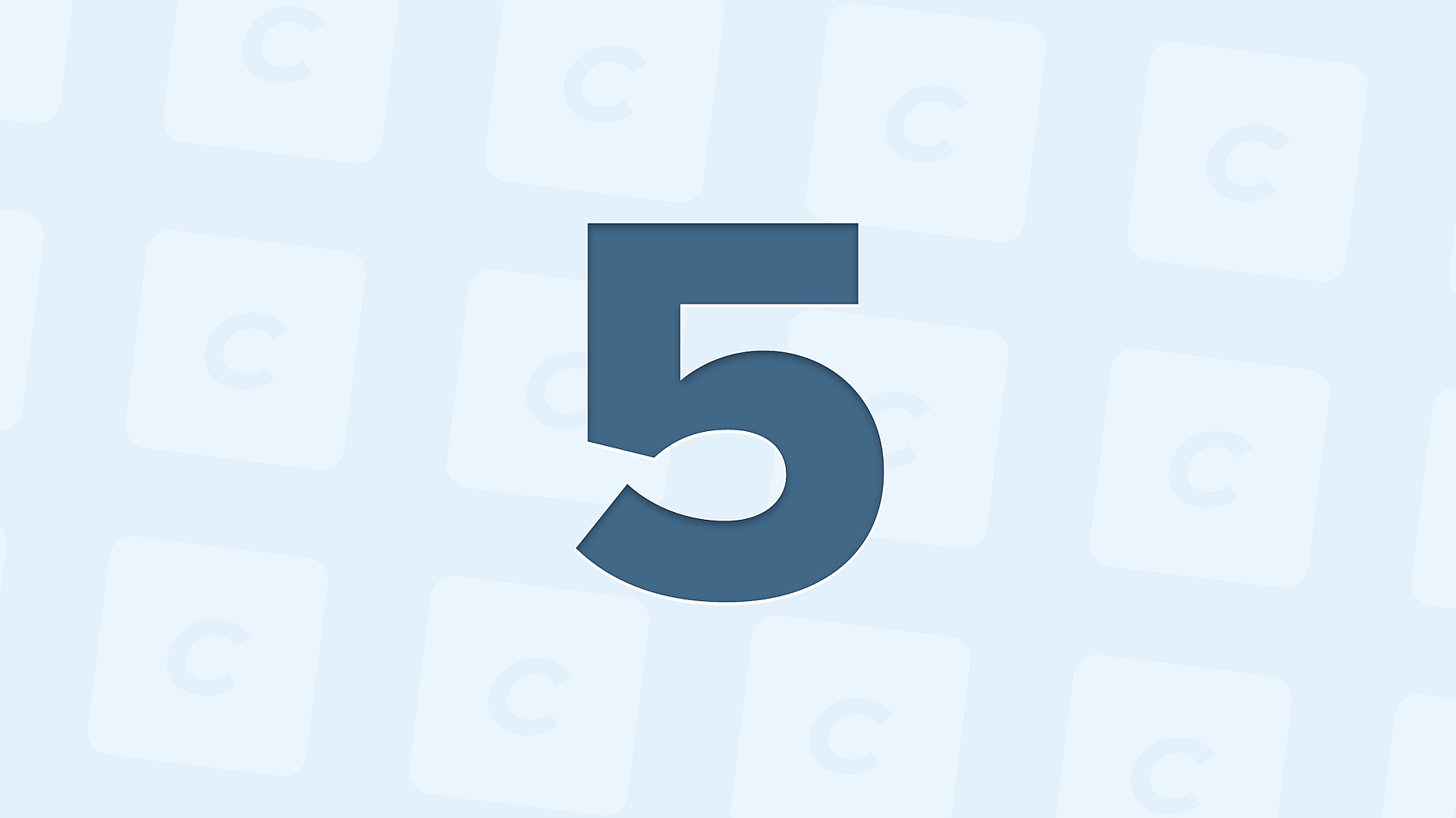 A large, dark blue number 5 is centered against a light blue background with a pattern of lighter squares containing the letter C.