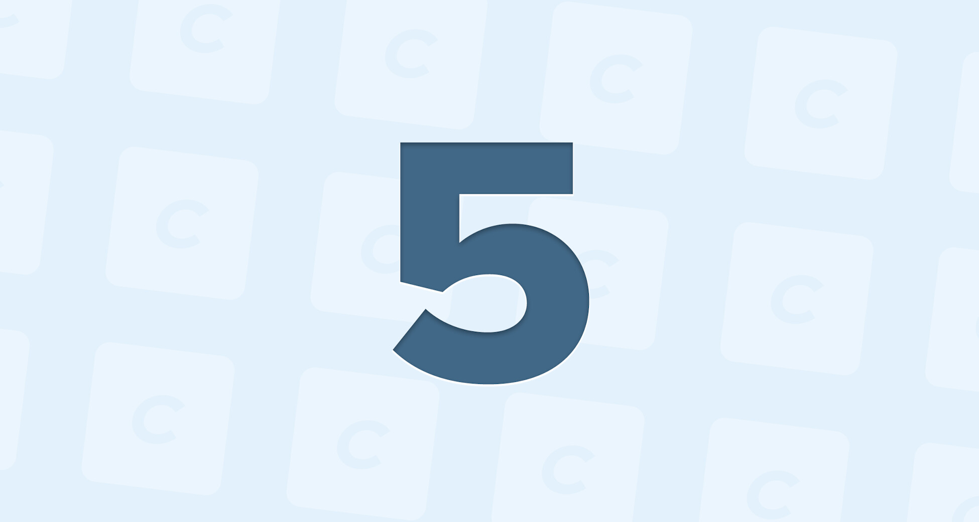 A large, dark blue number 5 is centered against a light blue background with a pattern of lighter squares containing the letter C.