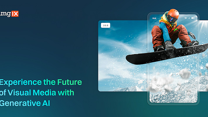A snowboarder in action appears through two overlapping mobile phone screens, creating a layered visual effect. The text reads, "Experience the Future of Visual Media with Generative AI" on a blue gradient background with the imgix logo in the top left corner.