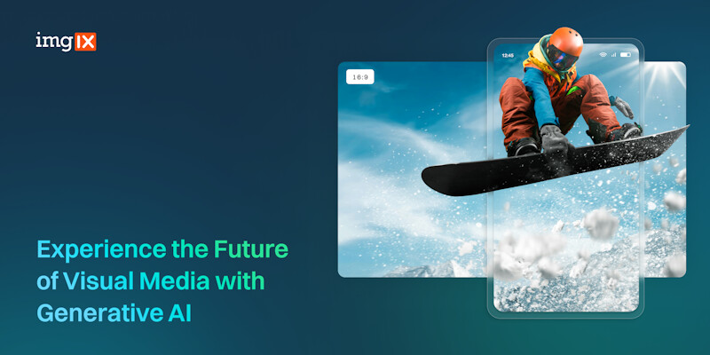 A snowboarder in action appears through two overlapping mobile phone screens, creating a layered visual effect. The text reads, "Experience the Future of Visual Media with Generative AI" on a blue gradient background with the imgix logo in the top left corner.