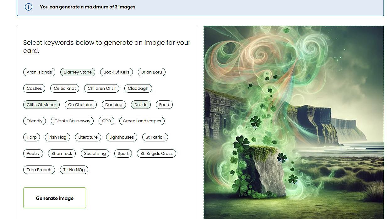 A webpage offers a service to generate a St. Patrick's Day Card using AI for €4. The page features keyword options such as "Cliffs of Moher," "Dancing," and "Shamrocks" on the left. On the right is an animated image of clovers and mystical swirls by a coastal landscape.
