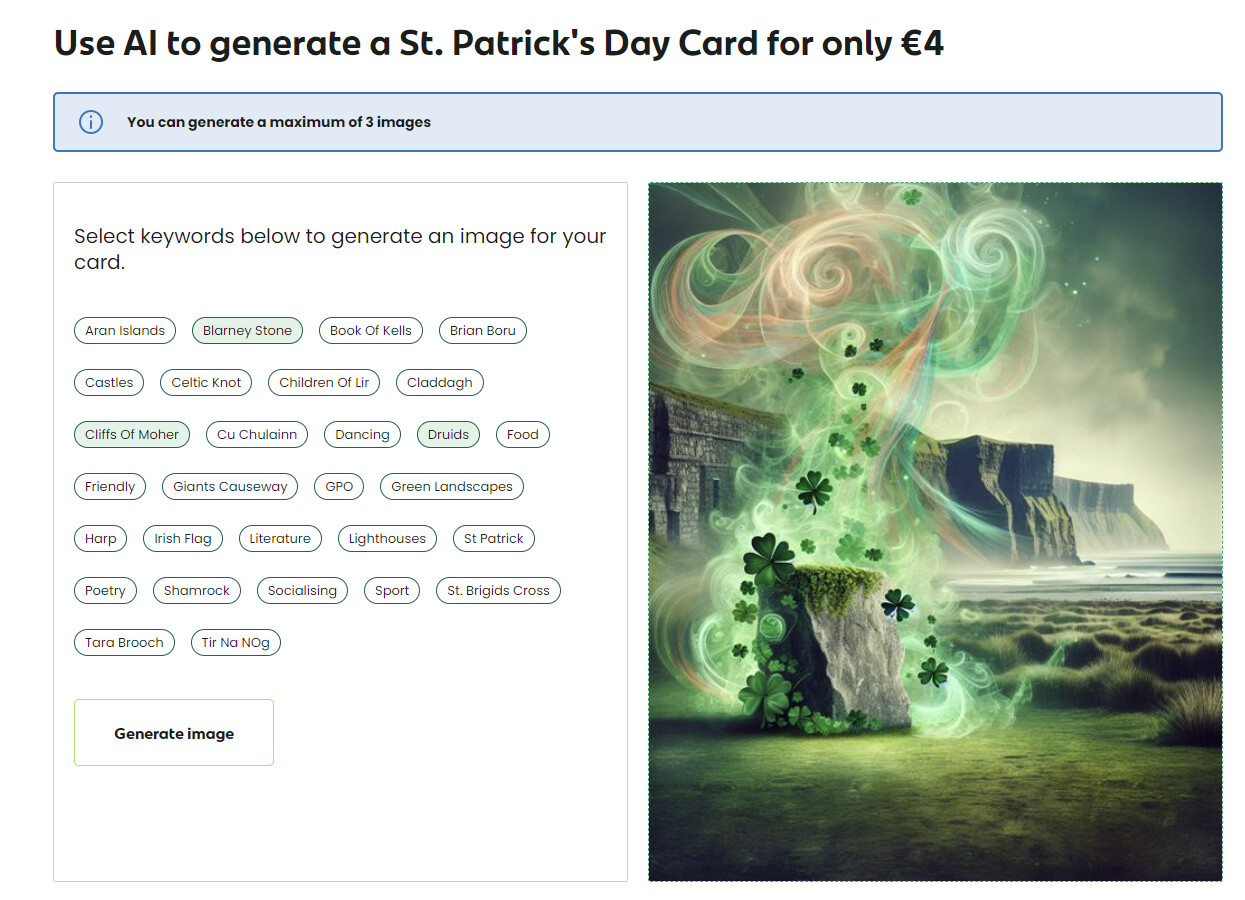A webpage offers a service to generate a St. Patrick's Day Card using AI for €4. The page features keyword options such as "Cliffs of Moher," "Dancing," and "Shamrocks" on the left. On the right is an animated image of clovers and mystical swirls by a coastal landscape.