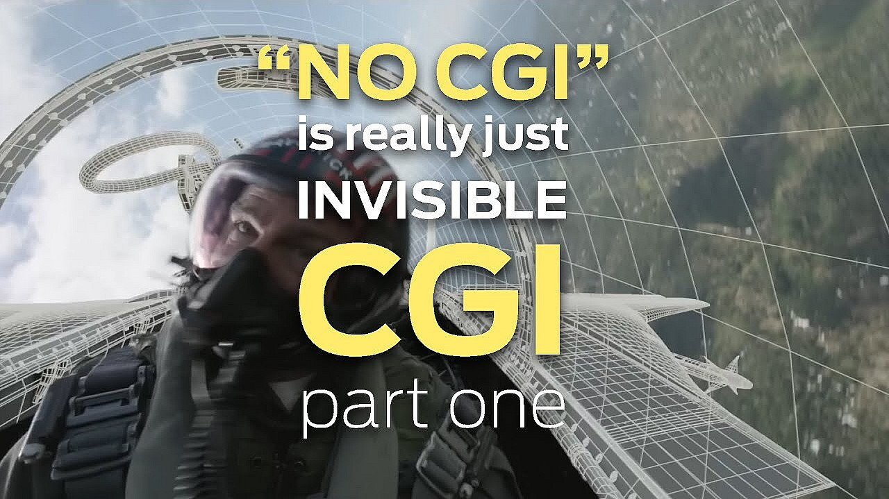 A man in a pilot helmet and gear is partially visible in the foreground of an aerial scene with grids and wireframe structures. Overlay text reads: "'NO CGI' is really just INVISIBLE CGI - part one." The background includes a landscape and a structure with loops.