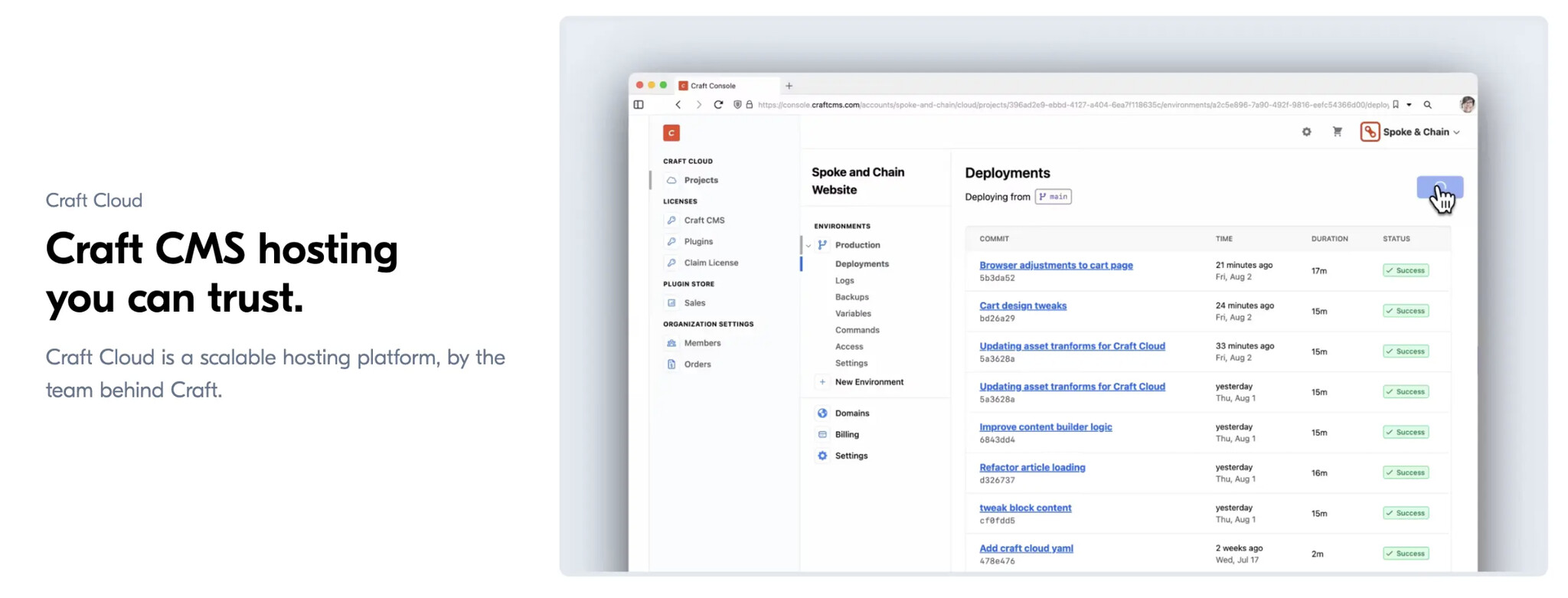 Screenshot of a webpage showing the Craft Cloud hosting dashboard. The left section promotes "Craft CMS hosting you can trust," noting Craft Cloud's scalable hosting platform. The right section displays a list of deployments with site names, statuses, and timestamps.