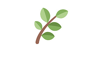 A simple illustration of a small brown branch with six green leaves arranged along its length. The leaves vary in shades of green and are evenly spaced on either side of the branch. The background is white.