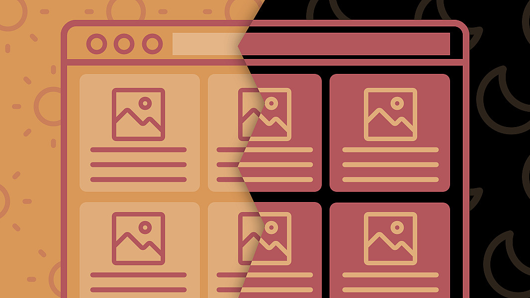 Illustration of a webpage split in half to show light and dark modes. The left side features a light background with sun icons, while the right side has a dark background with moon icons. Both sides display identical content layouts with images and text.