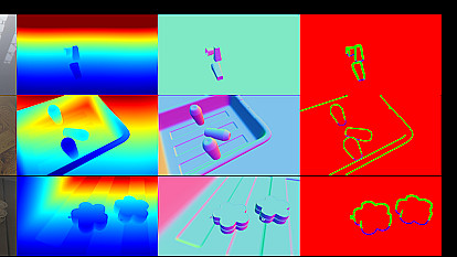 A grid comparing different visual data outputs: RGB Image, Depth, Surface Normals, Occlusion Boundaries, and Segmentation Mask. Each row shows an example of the respective outputs visualizing objects from different scenes and perspectives.