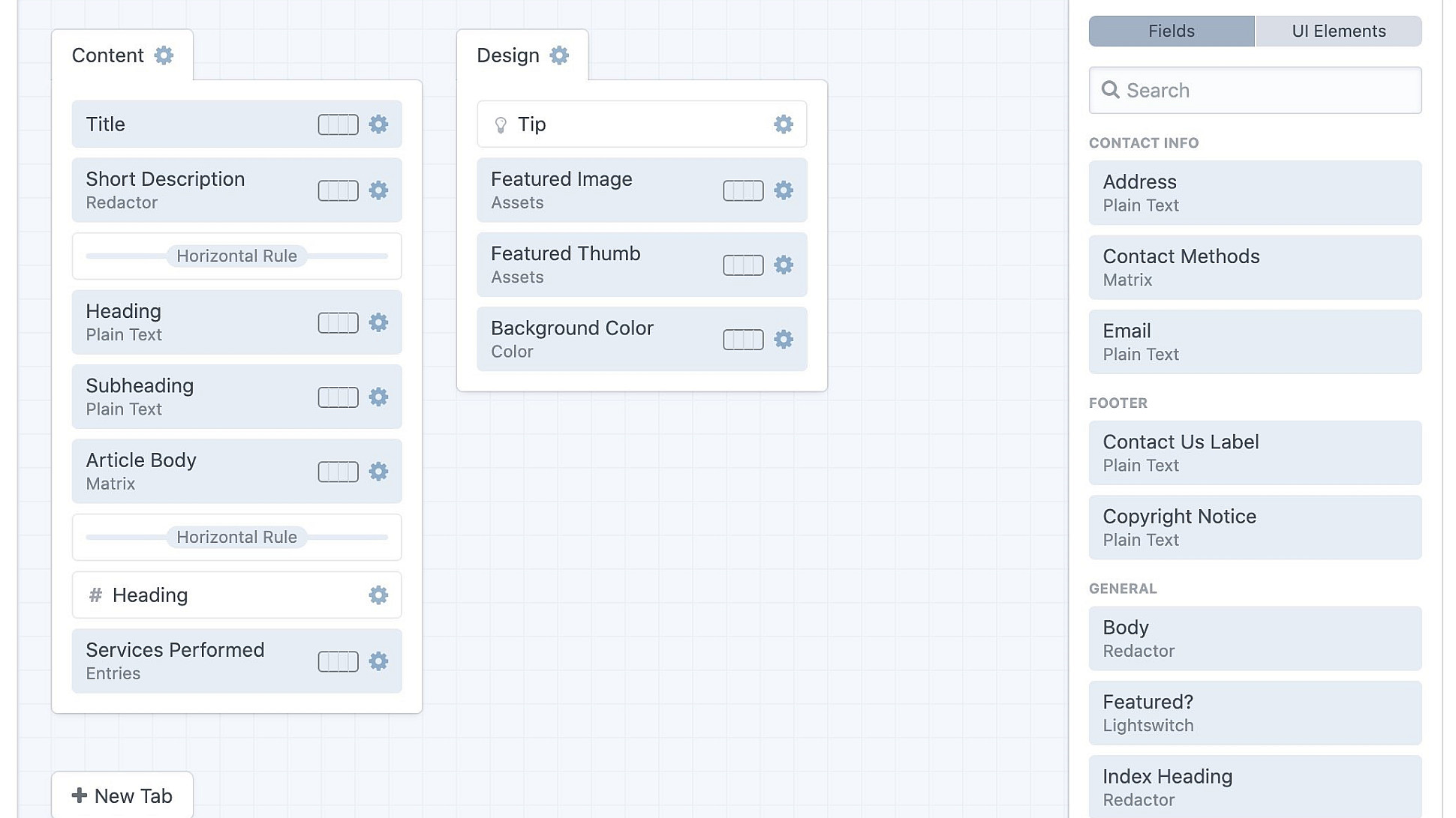 A screenshot of a field layout interface with three main sections: "Content," "Design," and a right sidebar. The "Content" section includes Title, Short Description, Heading, and several other fields. The "Design" section includes Tip, Featured Image, Featured Thumb, Background Color. The sidebar includes categories such as Contact Info, Header, Footer, and General. The interface allows users to add and edit fields.