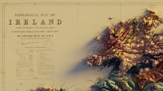 A geological map of Ireland, created by Edward Hull. The map shows various regions with different geological formations and a legend detailing symbols and abbreviations. The map has a detailed topographic layout, highlighting mountains and other land features.