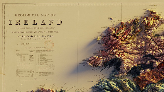 A geological map of Ireland, created by Edward Hull. The map shows various regions with different geological formations and a legend detailing symbols and abbreviations. The map has a detailed topographic layout, highlighting mountains and other land features.