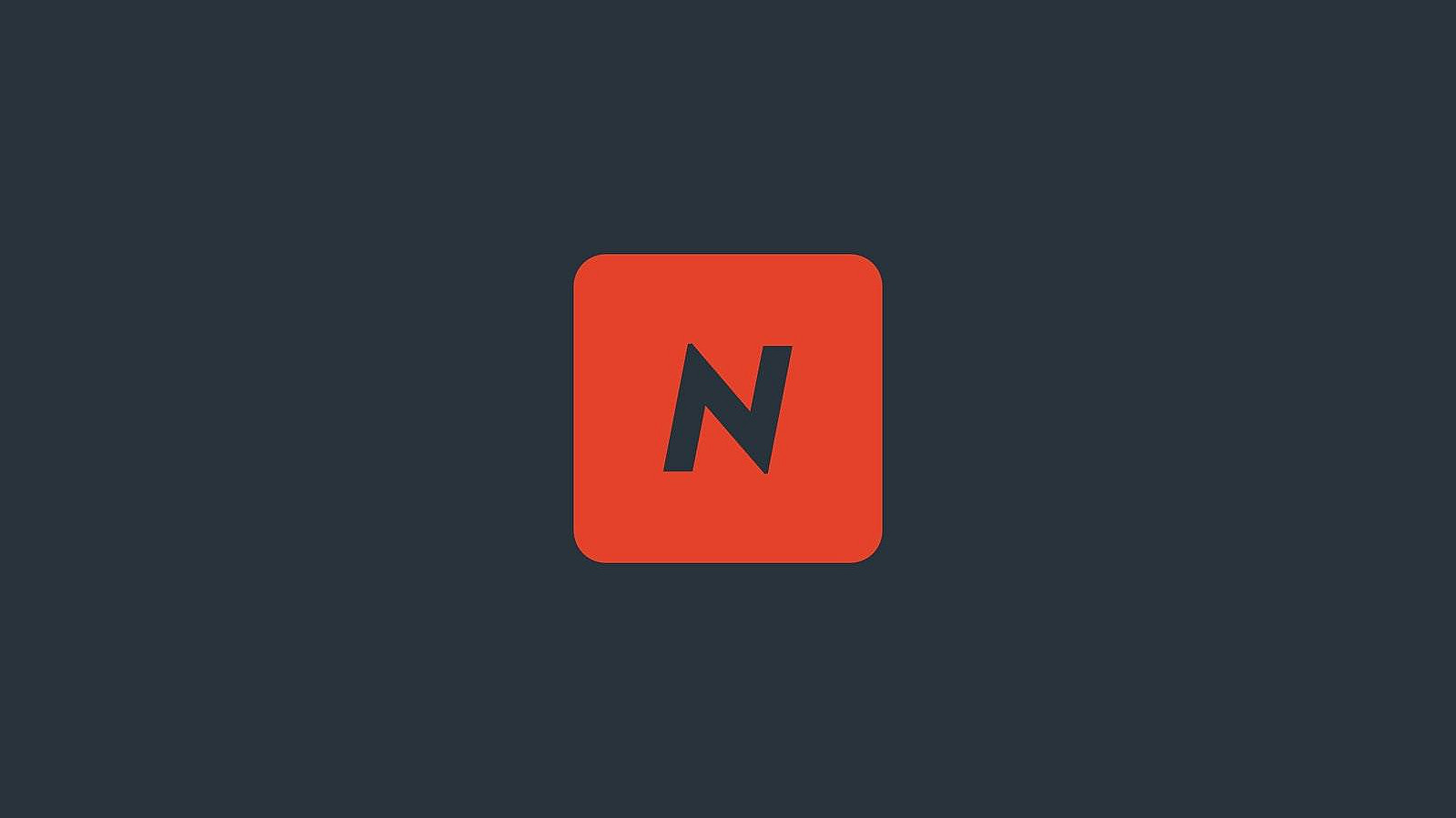 A simple logo on a dark blue background featuring a red square with a bold, stylized letter "N" in the center.