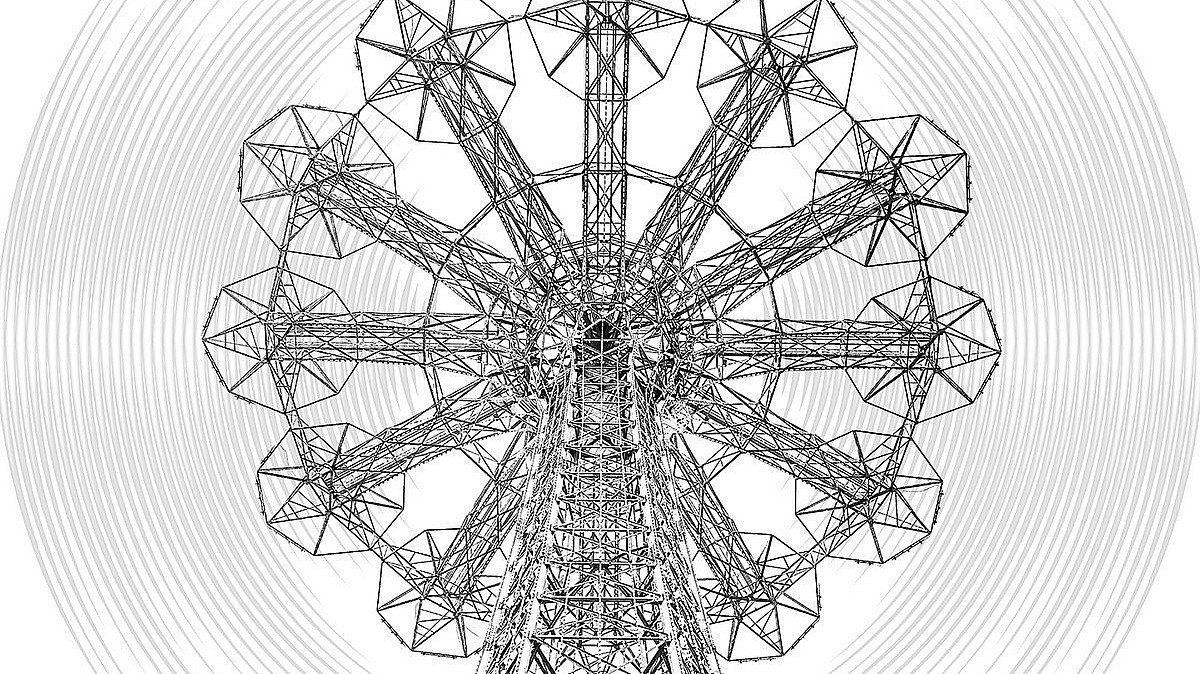 The image shows an abstract design featuring a Ferris wheel viewed from below. The title "emperor of icecream" is written at the top with the phrase "no sound ever dies" underneath it. A small bird is flying to the right of the Ferris wheel.