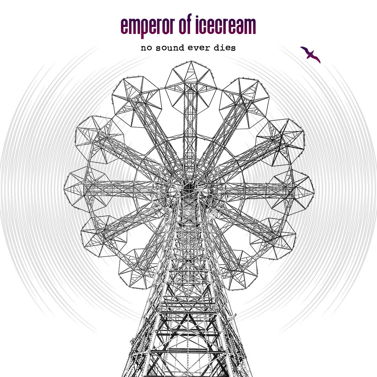 The image shows an abstract design featuring a Ferris wheel viewed from below. The title "emperor of icecream" is written at the top with the phrase "no sound ever dies" underneath it. A small bird is flying to the right of the Ferris wheel.