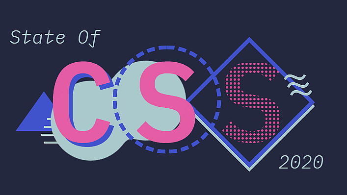 A graphic with the text "State of CSS 2020" featuring large, overlapping letters "CSS" in various styles and colors against a dark blue background. Geometric shapes, such as triangles and circles, are arranged around the text.