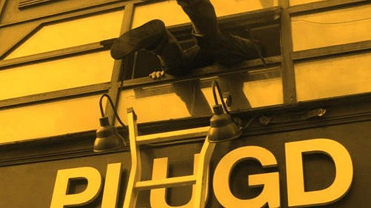 A person is seen climbing through a window above a storefront sign that reads "PLUGD." A ladder is positioned against the building, leading up to the window. The image has a yellowish tint.