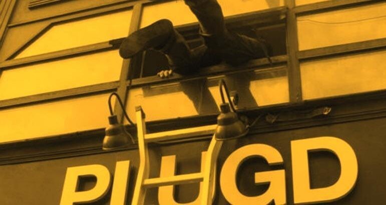 A person is seen climbing through a window above a storefront sign that reads "PLUGD." A ladder is positioned against the building, leading up to the window. The image has a yellowish tint.