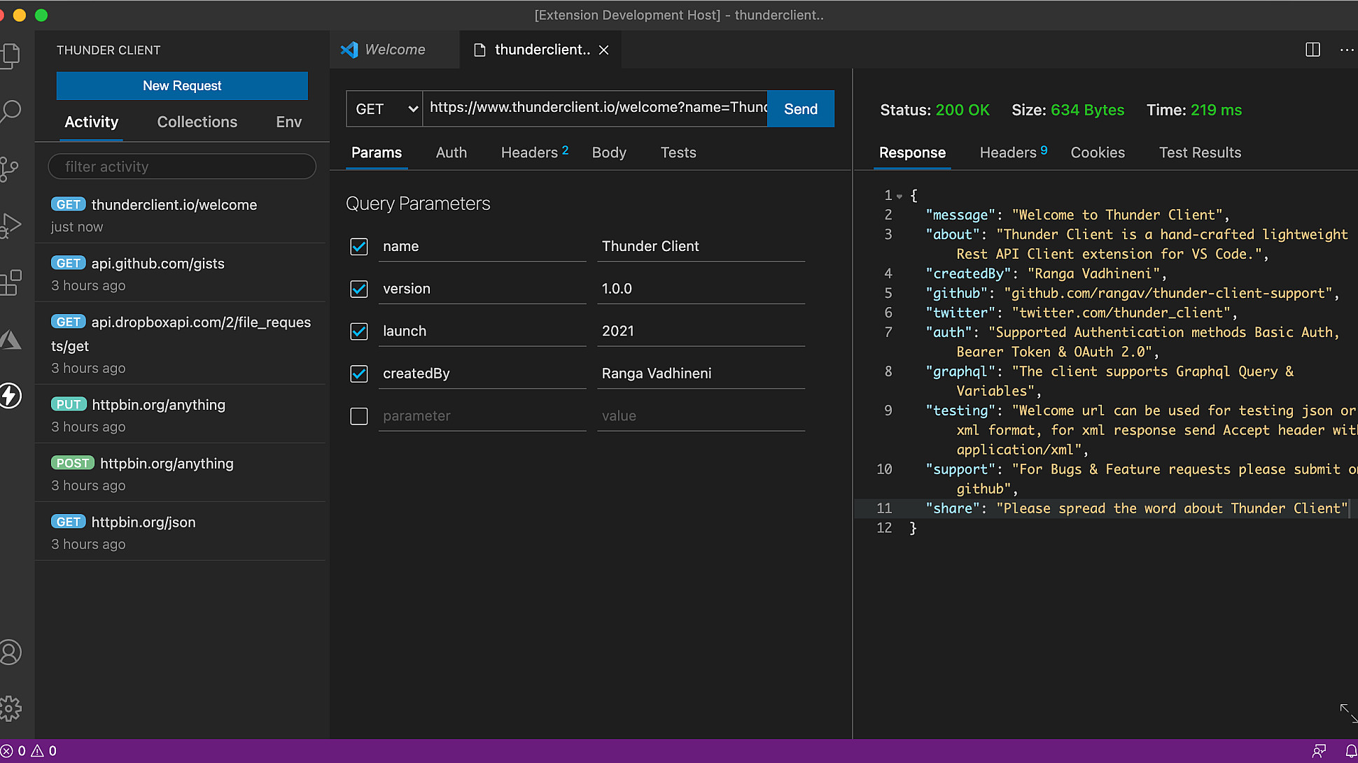 A screenshot of the Thunder Client extension for Visual Studio Code is shown. On the left, there's a sidebar with various tabs and API endpoints. The main section displays details of a GET request to an API, with query parameters and a JSON response output on the right.