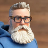 A digitally rendered cartoon figure of a man with a long white beard and glasses. He has neatly styled hair and wears a blue hoodie. The background is a blurred brown tone.