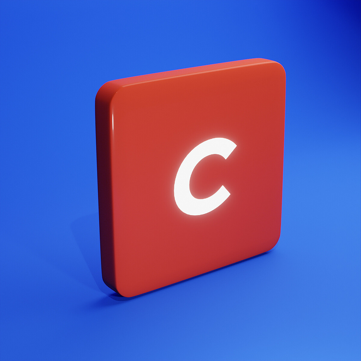 A red square button with rounded edges and the letter 'C' in white is positioned against a solid blue background. The button has a subtle shadow, giving it a slightly elevated appearance.